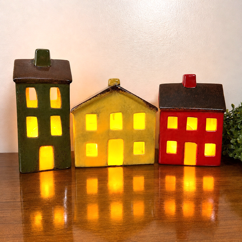 Village House Candle Holders Tealight Set of 3 Tallest is 8" Folk Art Primitive